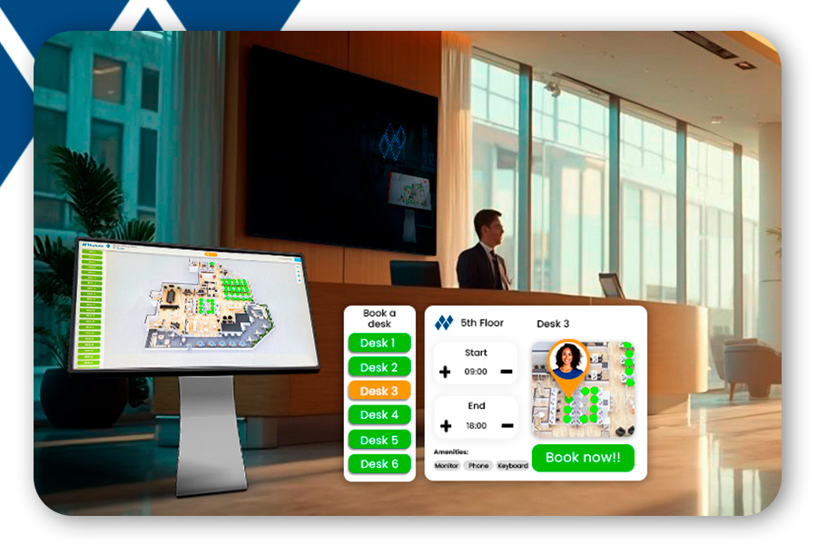 A totem in a reception area with the neptune kiosk display installed makes it easy for people to check in, find a table or meeting room and even request services during the meeting, all quickly and autonomously.